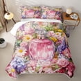 thumbnail image 2 of Castle Fairy Pink Fashion Perfume Print Bed Spread Queen,Watercolor Garden Wildflower Pattern Queen Coverlet Set,Green Purple, 2 of 7