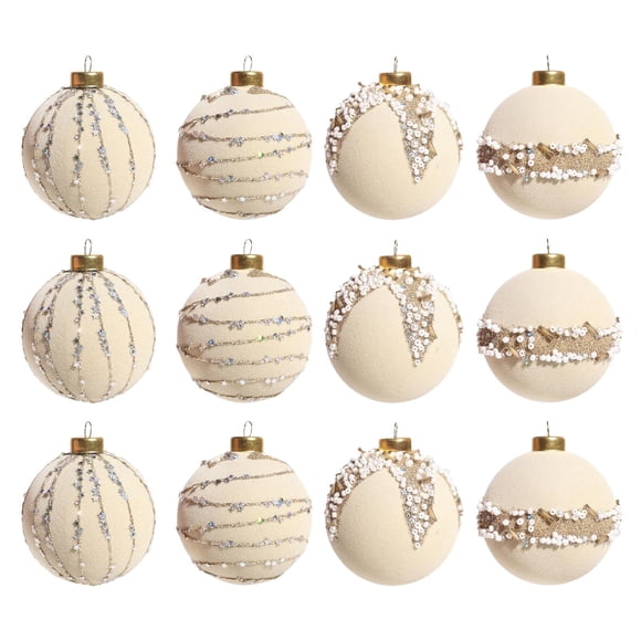 Uuiauoio Flocked Beaded Christmas Ornaments 12-Pack, Decorative Hanging Balls for Xmas Tree Decor, Festive Holiday Home and Party Decoration