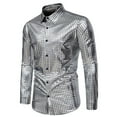thumbnail image 6 of Men's Sequin Dress Shirt with Lapel Long Sleeve Button Down Bright Face T Shirt Silver M, 6 of 6