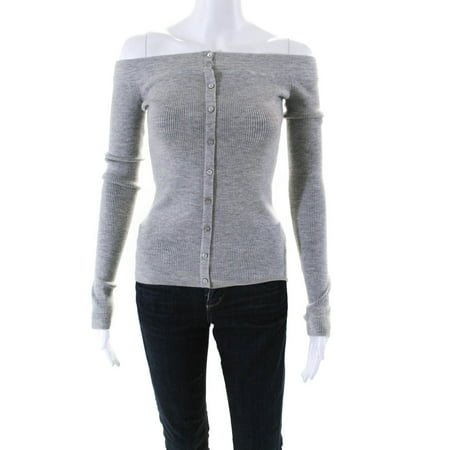 

Pre-owned|Intermix Womens Ribbed Thump Hole Off-the-Shoulder Button-Up Sweater Gray Size P