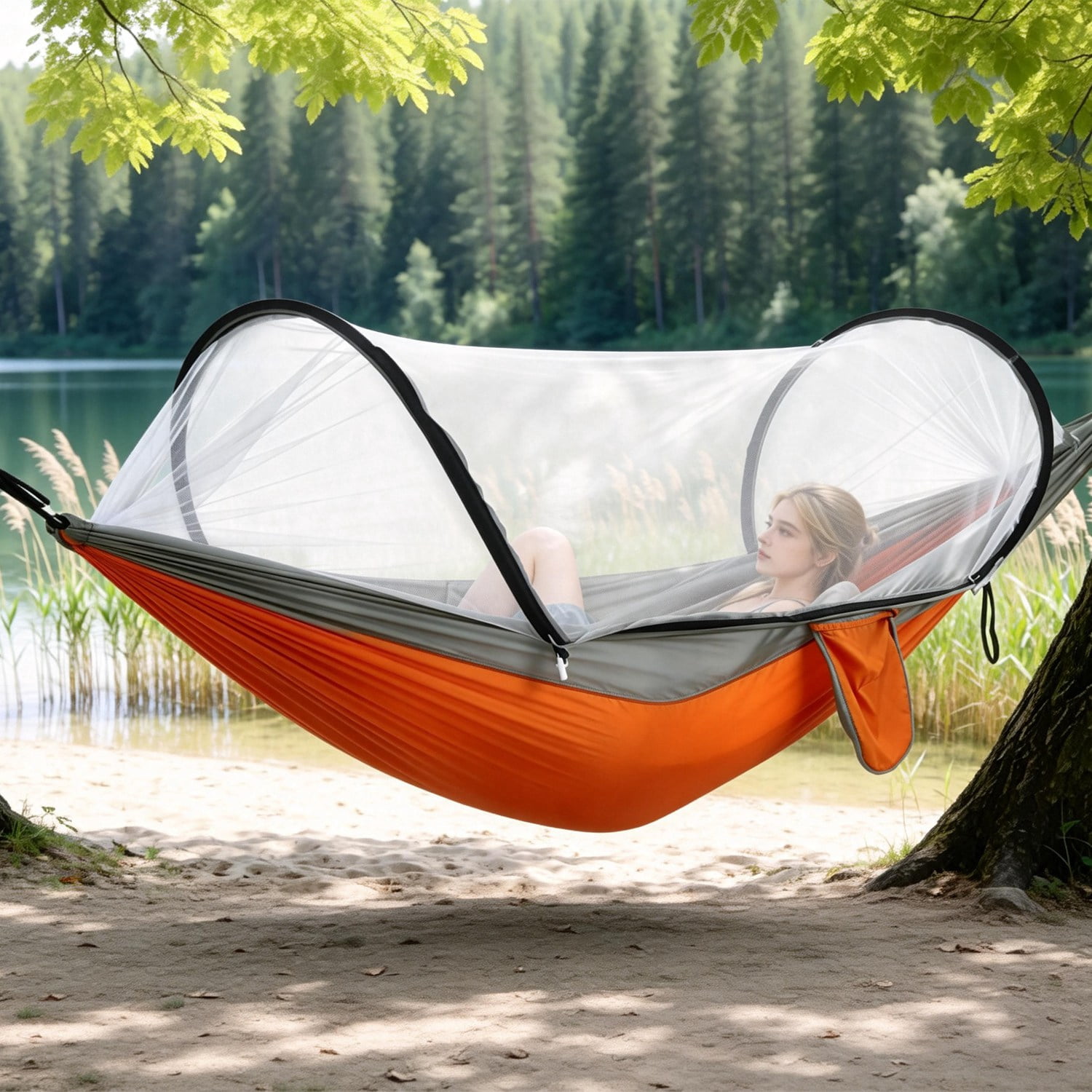 Pop-Up Mosquito Net Camping Hammock 3-in-1 Dual Zipper Hammock Tent, Lightweight 70D Nylon Portable Single Hammock Holds 440LBS with Side Pocket for Hiking Backpacking