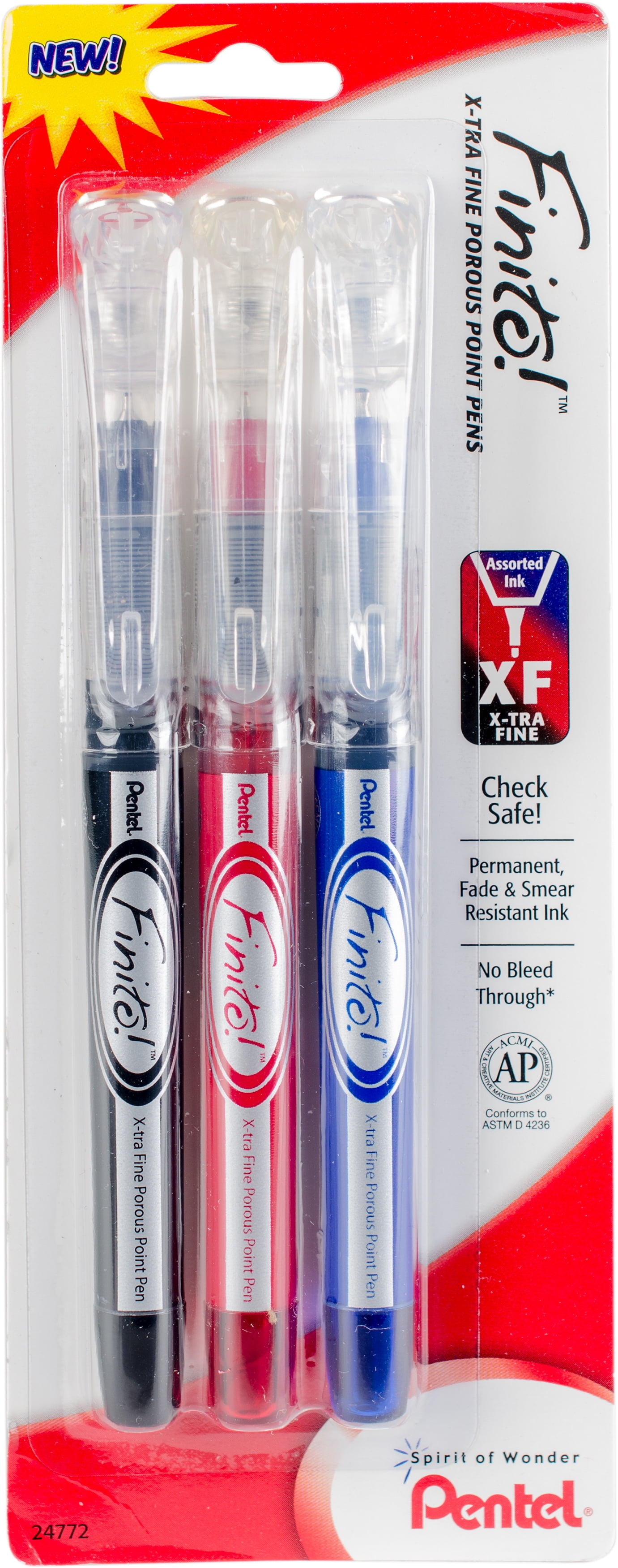 Pentel Finito Extra Fine Porous Point Pens 3/PkgRed, Black & Blue