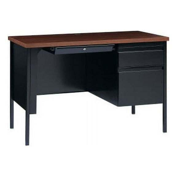 Lorell Fortress Series Walnut Laminate Top Desk 45.5" x 24" x 29.5" , 1.1" Top - Box Drawer(s), File Drawer(s) - Single Pedestal on Right Side - Square Edge - Material: Steel Frame - Finish: Black Fra