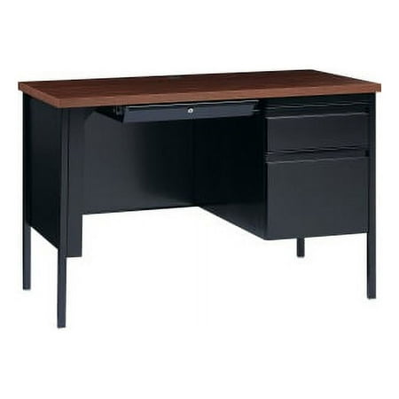 Lorell Fortress Series Walnut Laminate Top Desk 45.5 x 24 x 29.5 1.1 Top - Box Drawer(s) File Drawer(s) - Single Pedestal on Right Side - Square Edge - Material: Steel Frame - Finish: Black Fra