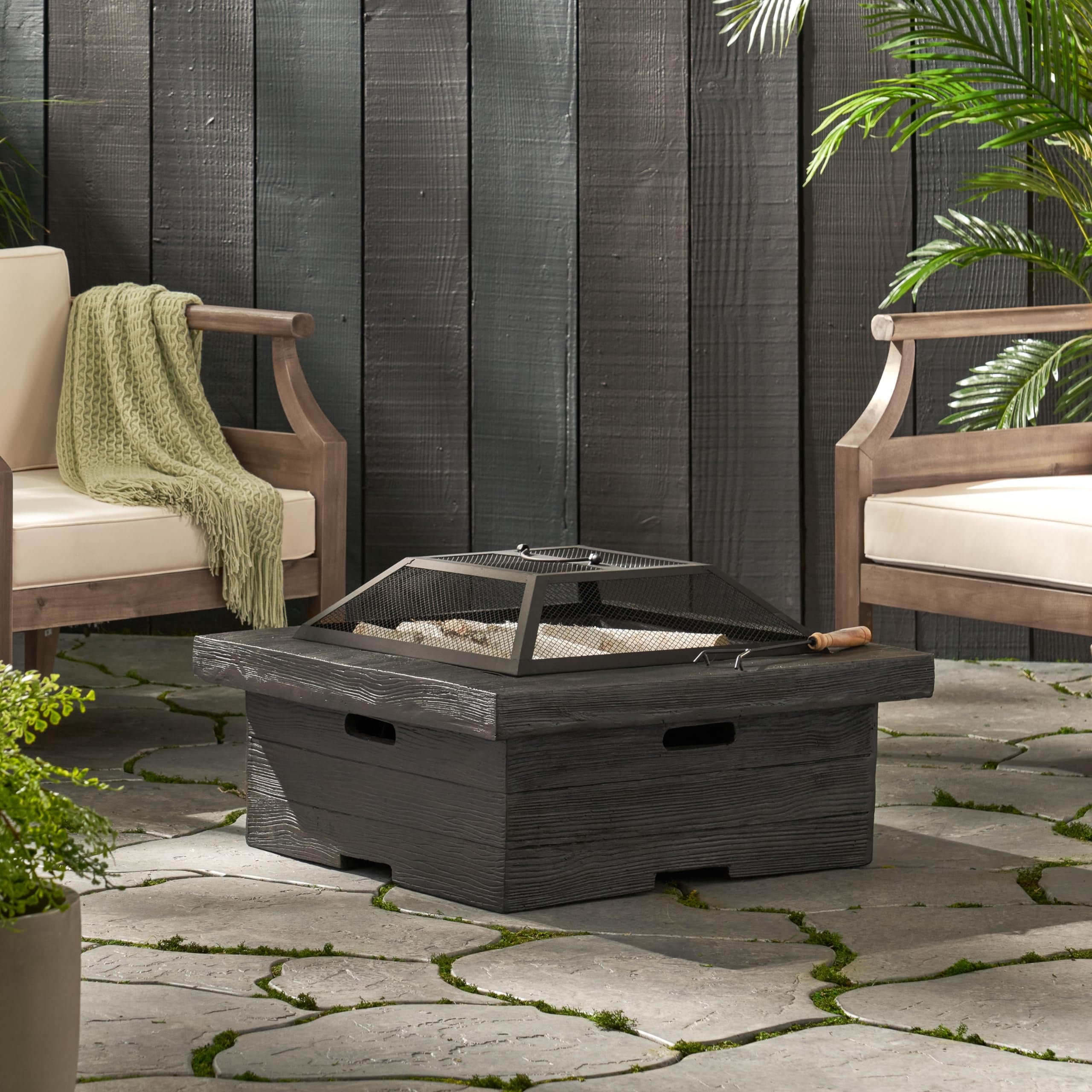 29 in. Gray Square Wood Burning Fire Pit with a Mesh Screen Cover, Lightweight Concrete Patio Garden Fire Pit for Family Gathering
