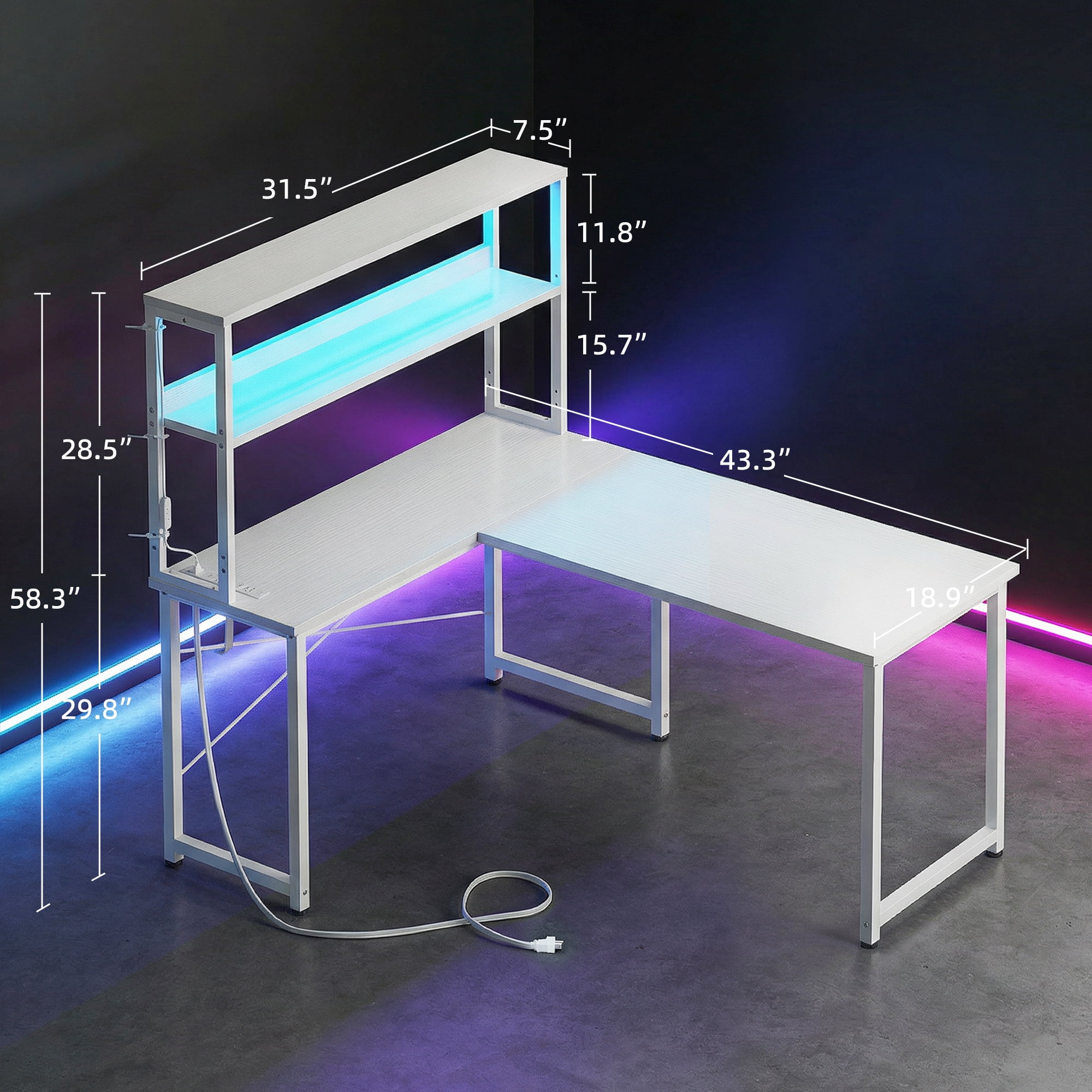 Casacomoda 43 Inch L Shaped Desk with LED Light & Power Outlet, Reversible L Shaped Computer Table with Shelf & Hook for Home Office, White