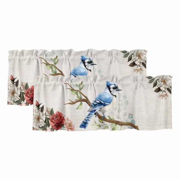 Blue Bird Floral Curtain Valances for Windows, Kitchen Valance Window Treatments Panel 2 Pack, Country Tree Branches Flowers Animal Rod Pocket Short Curtains for Bathroom Bedroom 42 x 18 Inch