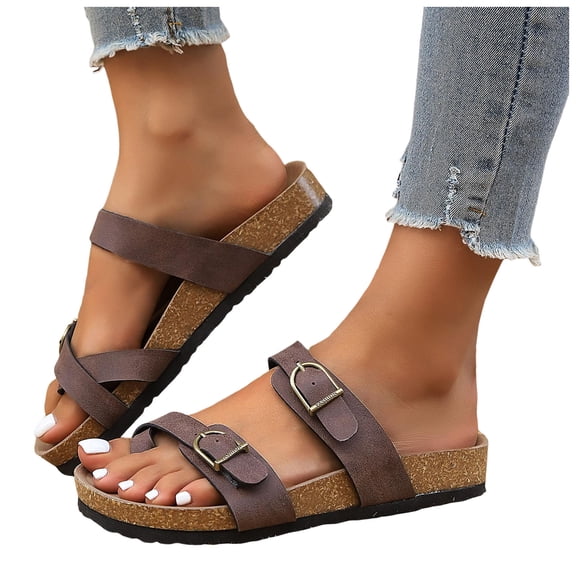 Womens Sandals Buckle Lightweight Slides Memory Foam Cork Footbed Flat Sandals Non Slip Ring Toe Beach Slide Brown Size 10.5