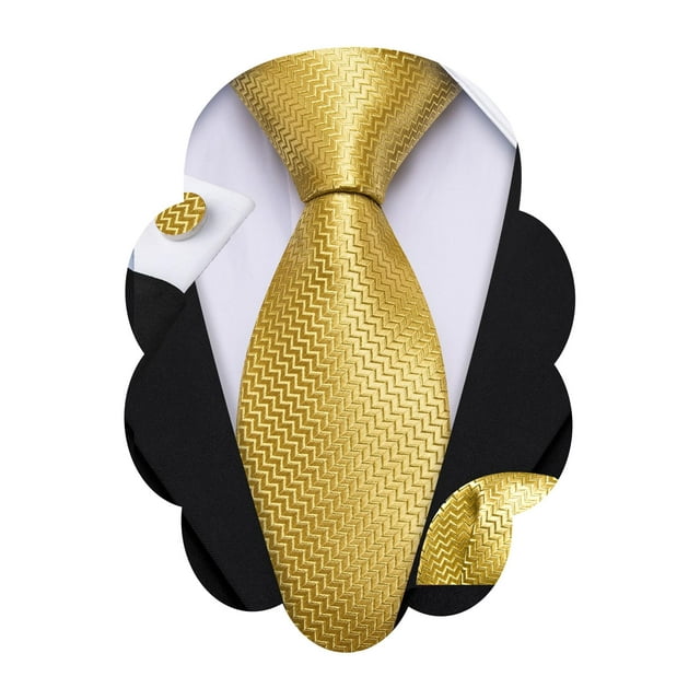 Conjunto de Corbata Barry.Wang a Cuadros Sólidos Dorados con Pañuelo y Gemelos