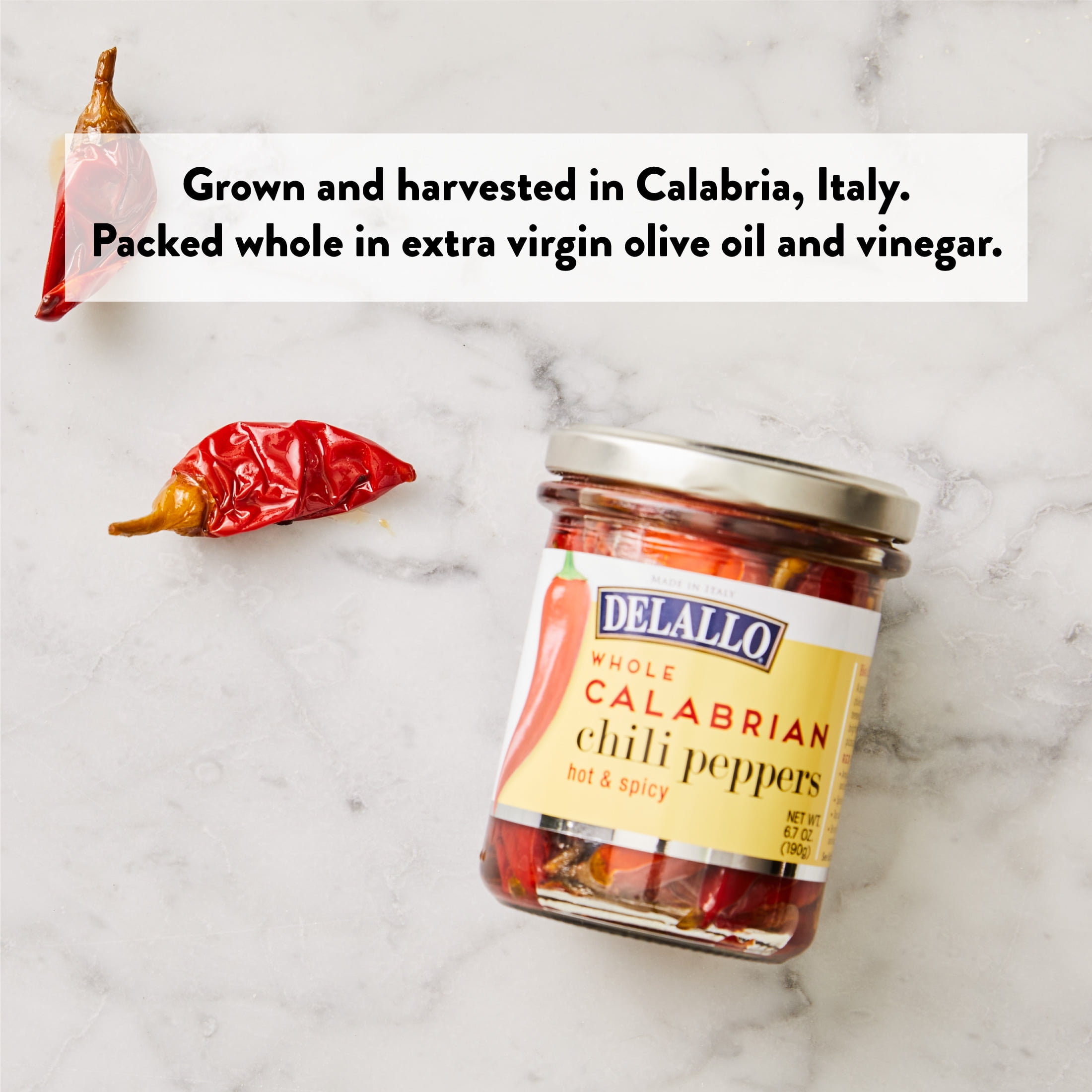 DeLallo Whole Calabrian Chili Peppers, 6.7 oz Jar, Grown in Italy, Ready to Serve (3-Pack)