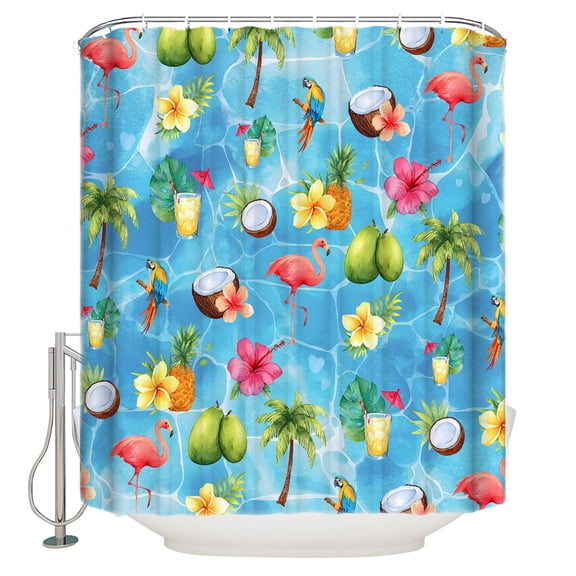 Blue Flamingos Bathroom Shower Curtains with 12 Hooks Polyester Waterproof Shower Curtain for Stalls and Bathtubs Tropical Summer Botanical Fruits Decorative Bathroom Privacy Curtain 66x72 Inches
