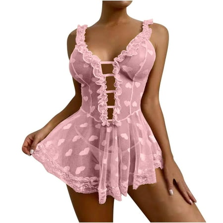 uublik Womens Comfy Lingerie Sets Valentine s Day Sleepwear Chemise Dress Lace Nighty Nightgowns Pink L