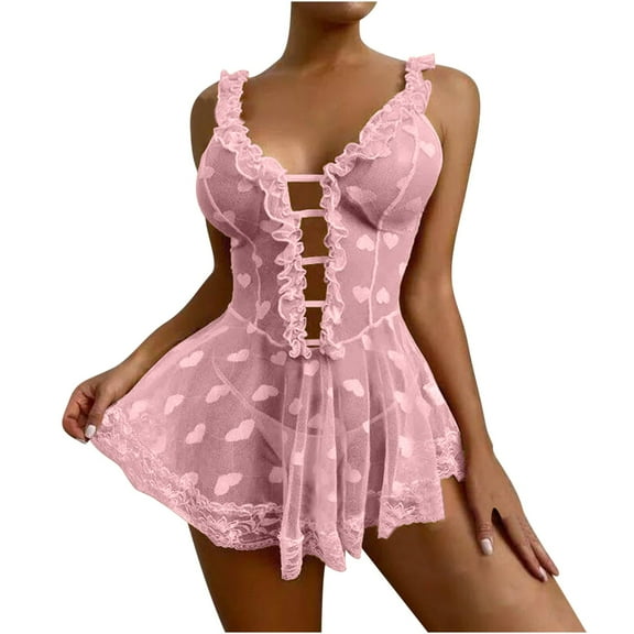 uublik Womens Comfy Lingerie Sets Valentine's Day Sleepwear Chemise Dress Lace Nighty Nightgowns Pink L