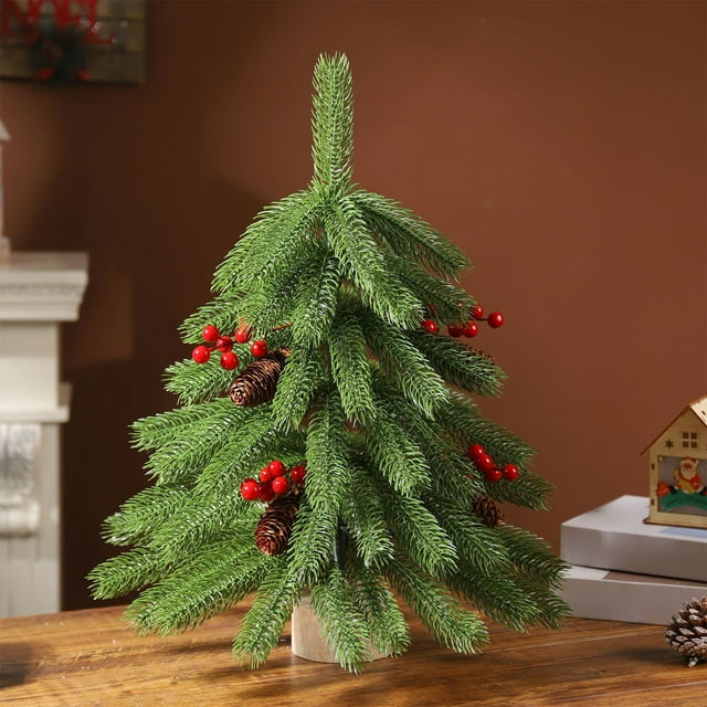 Tyidzon Mini Christmas Trees With Flocked Needles Berries Decoration Decorated Trees Kitchen Tabletop Artificial