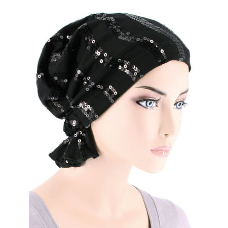 Turban Plus The Abbey Cap ® Womens Chemo Hat Beanie Scarf Turban for Cancer Cotton Sequin Black