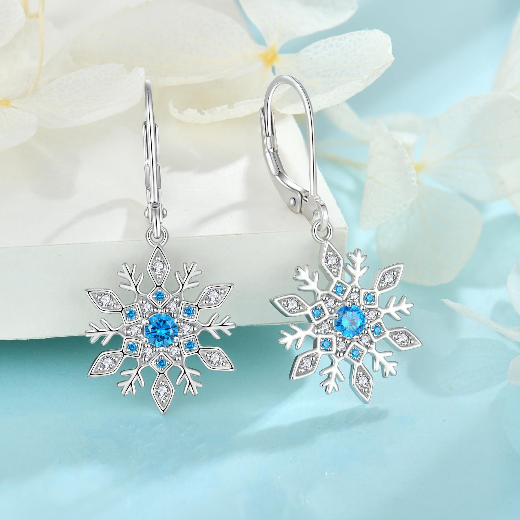 Inpasne Snowflake Earrings for Women 925 Sterling Silver Leverback Earrings Aquamarine Dangle Drop Earrings Christmas Gift for Her Mom