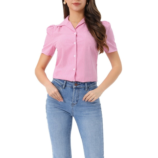 INSPIRAR CHIC Blusa vintage de cuadros con mangas abullonadas para mujer de verano M Rosa Blanca
