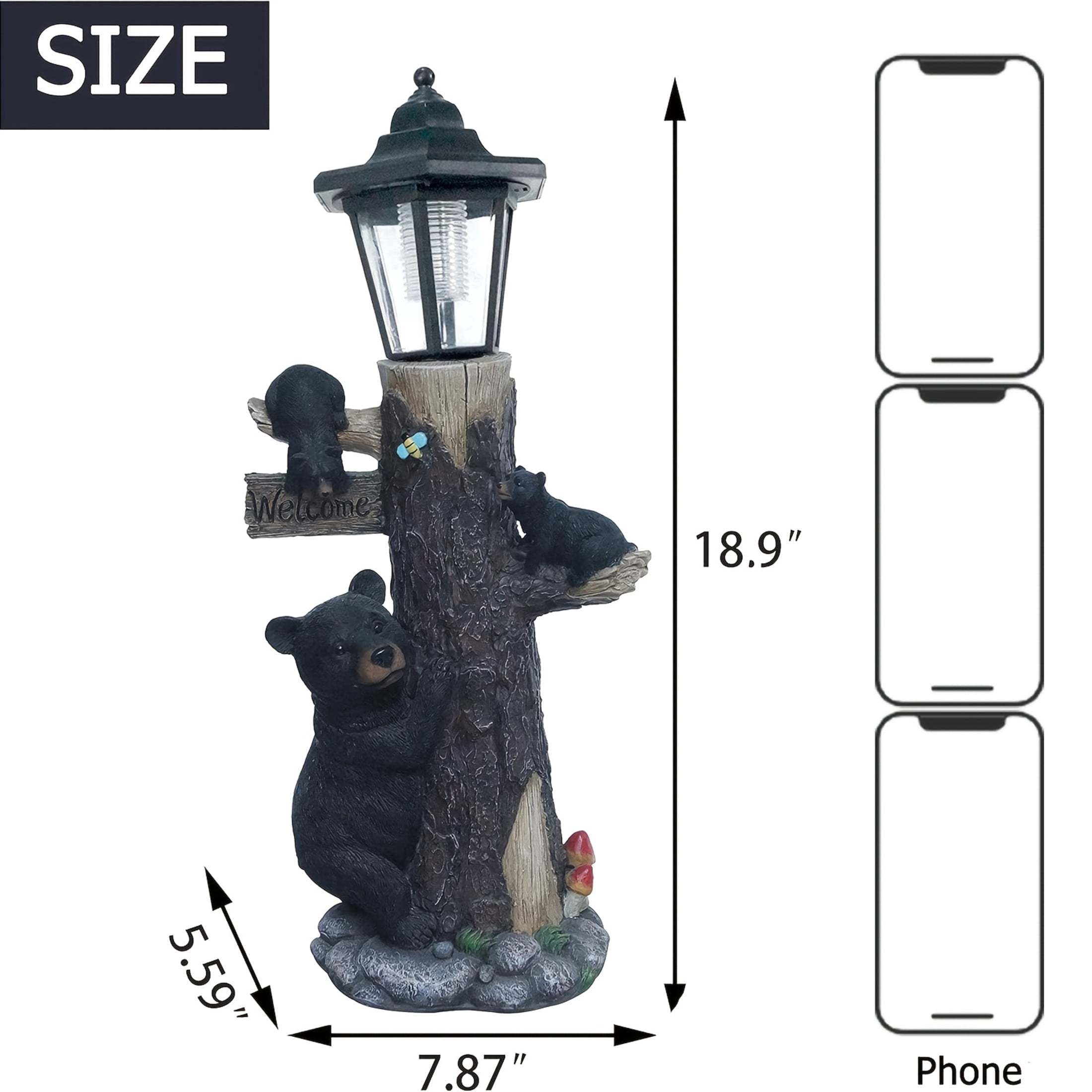 GDF Studio 18" Bear Family Tree Statue with Solar-Powered Light and Welcome Sign for Courtyard, Garden and Patio, Black