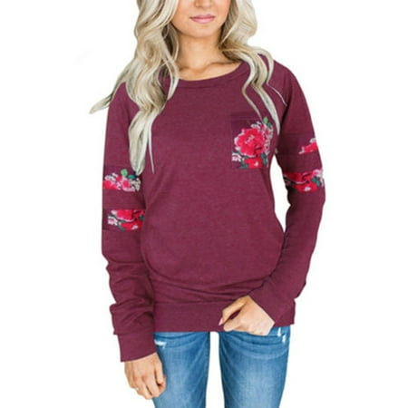 - Women Crew Neck Long Sleeve Floral Print T-shirt Loose Casual Blouse Ladies Autumn Pullover Tops Scoop Neck Shirts