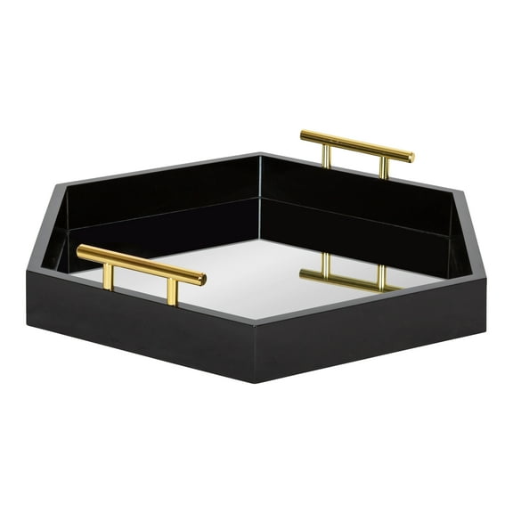 Kate and Laurel Lipton Modern Hexagon Mirrored Tray, 18 x 18, Black and Gold, Midcentury Decorative Serving Tray for Storage and Display