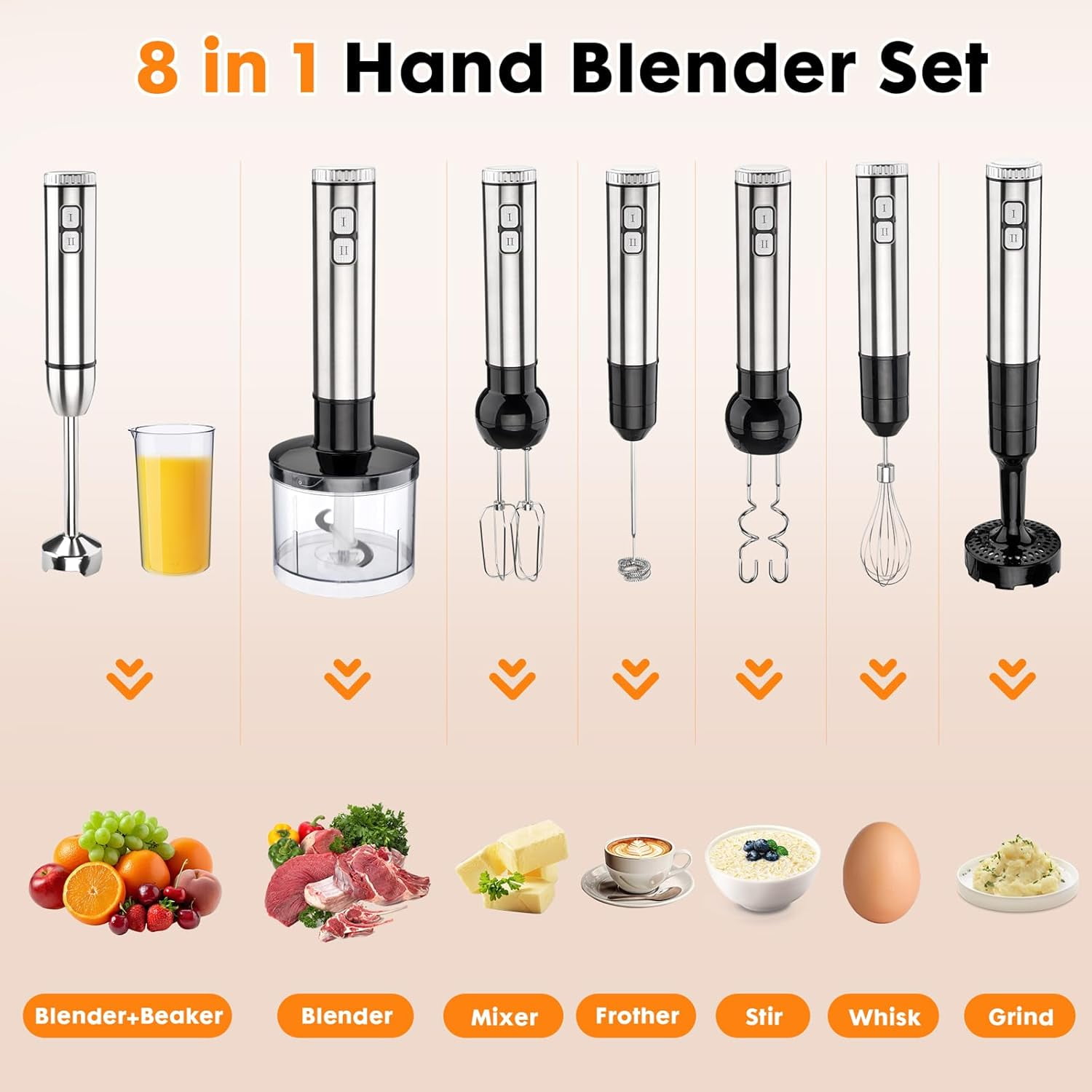 Immersion Hand Blender 8-in-1 with 25 Speeds, 1000W Motor, Stainless Steel Blades for Smoothies, Soups, and More