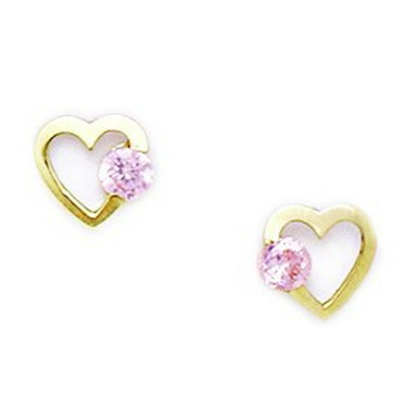 14k Yellow Gold Pink 3x3mm Cubic Zirconia Heart Screw-Back Earrings - Measures 7x7mm