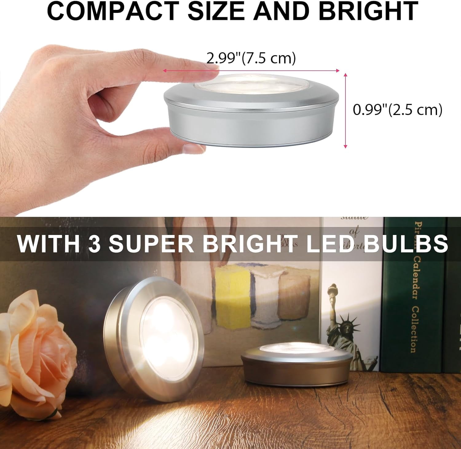 RGHJAR-LED Puck Lights, Battery Operated Tap Lights, Mini Night Touch Light, Stick On Light, Under Cabinet and Counter Lighting for Kitchen Sink, Shelf, 6-Pack, Silver
