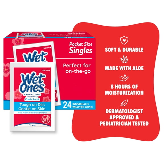 Wet Ones Antibacterial Hand Wipes Singles, Fresh Scent, 24 Ct
