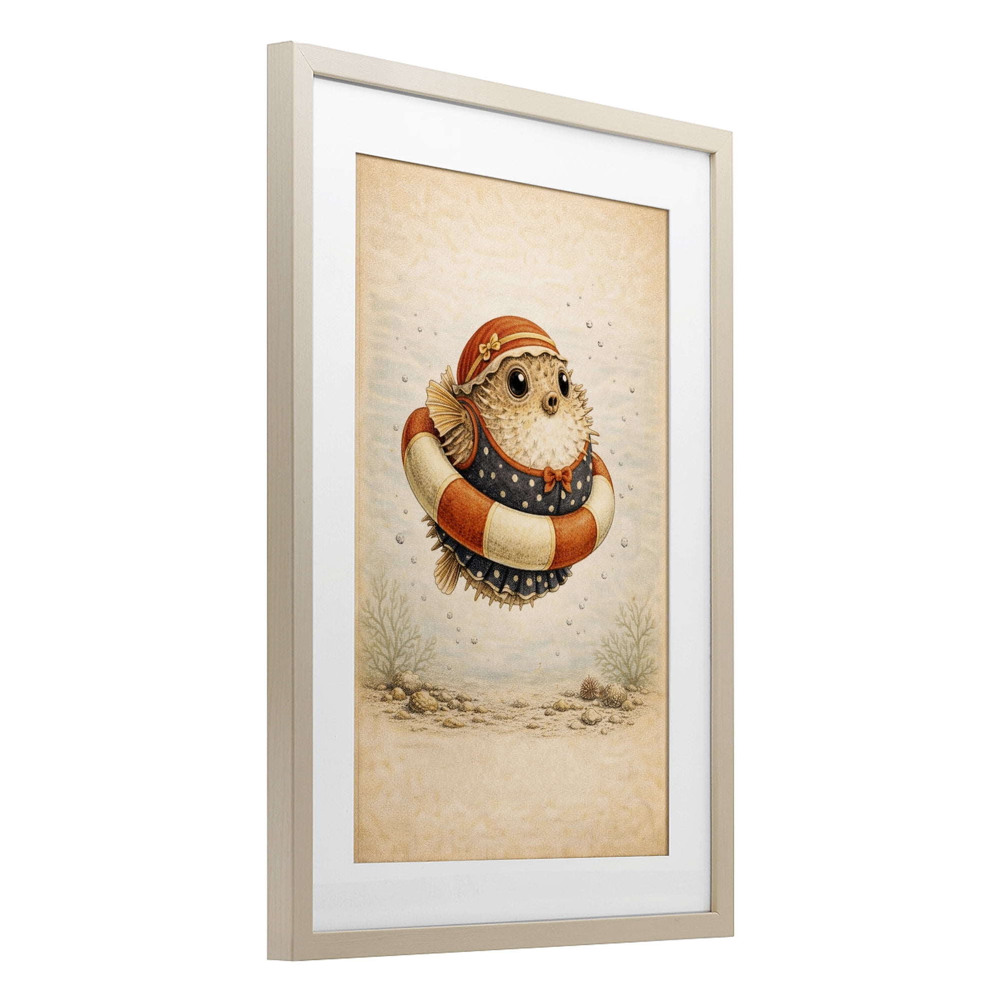 Stupell Industries Pufferfish Of Maritime Bathing Society Birch Framed Print Under Glass, design by Grotto Studios