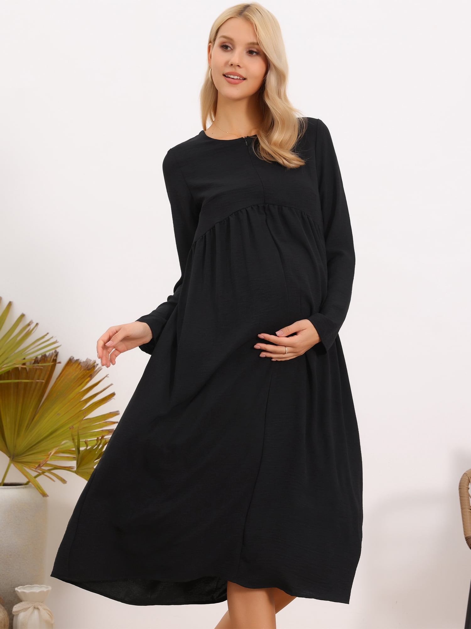 DARING DIVA Women's Maternity Nursing Dress Long Sleeve Midi Round Neck Pleated S Black