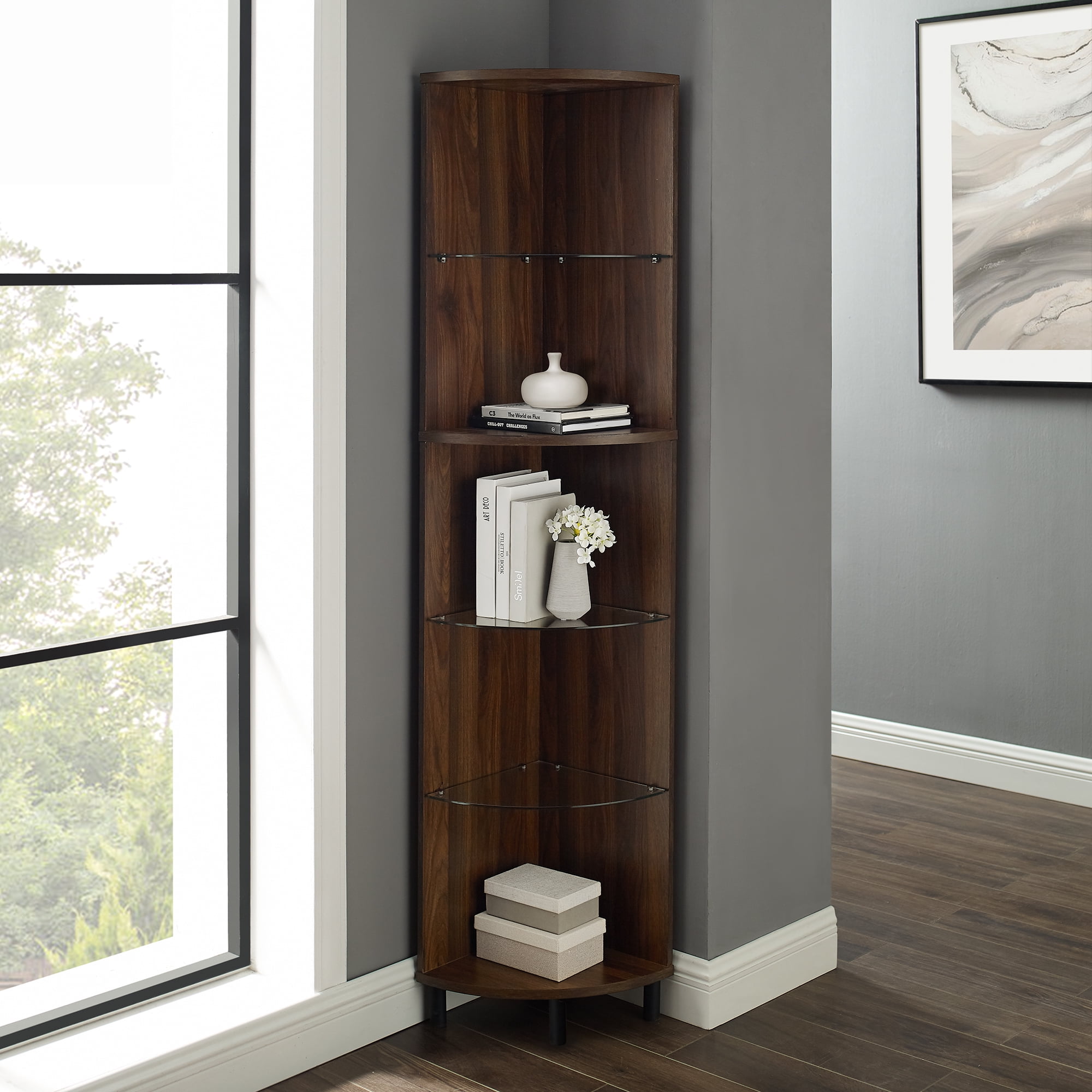 Manor Park Tatum Modern Corner Bookshelf, Dark Walnut