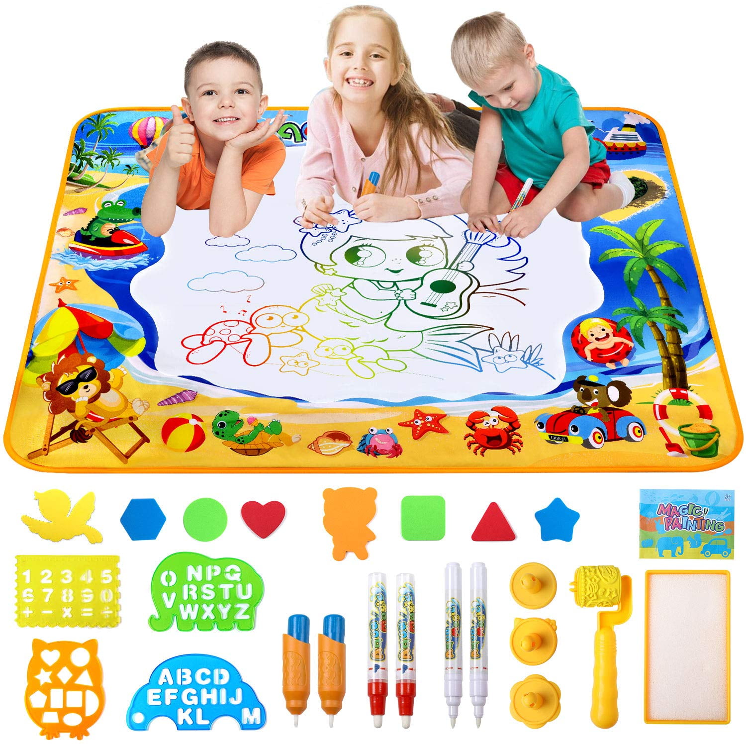 lenbest Ocean Water Drawing Mat 100x 100cm Educational Toy Gift for Toddler Age 2 3 4 5+ Years Old Unique Rollering Set Super Large Aqua Magic Painting Mat with 14 Rainbow Colors