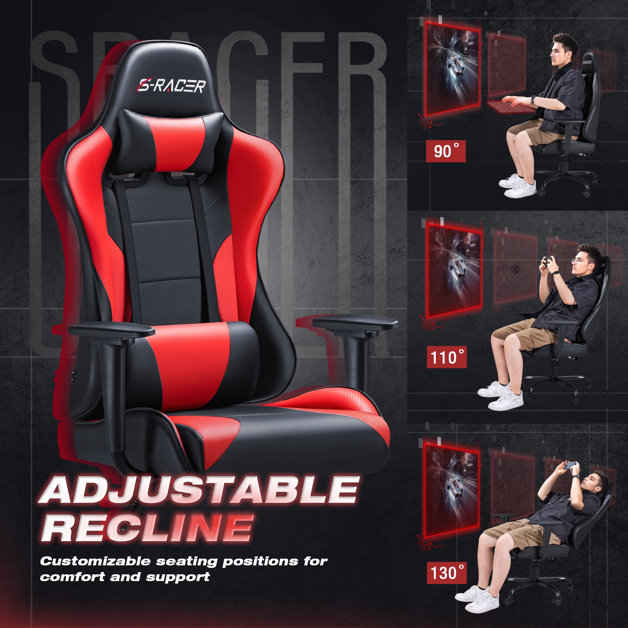Homall Gaming Chair Office Chair High Back Racing Computer Chair PU Leather Adjustable Seat Height Swivel Chair Ergonomic Executive Chair with Headrest, Red