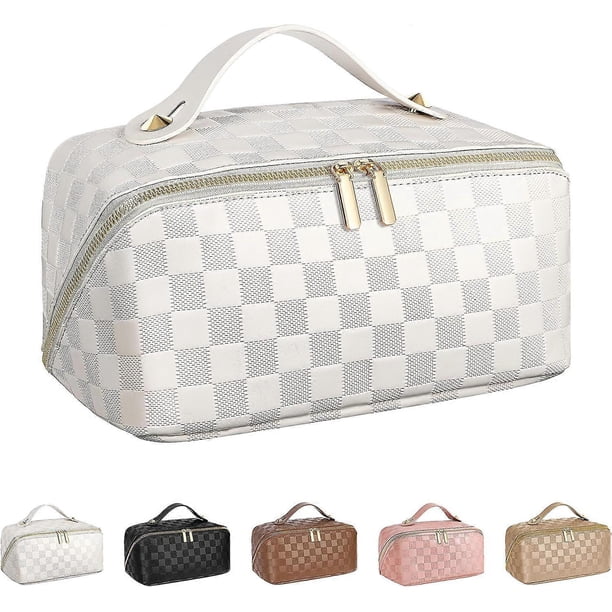Large Capacity Travel Cosmetic Bag - Portable Makeup Bags for Women Travel Toiletry Bag Waterproof Leather Checkered Makeup Organizer Bag, Roomy Cosme