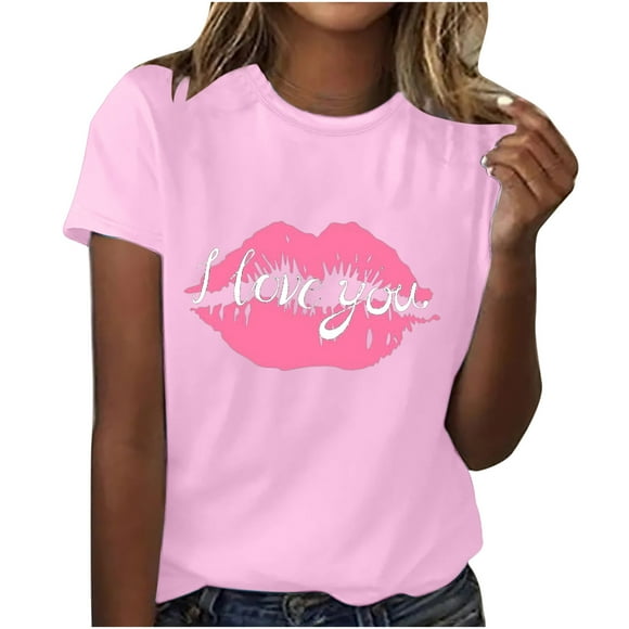 Lovskoo Short Sleeve Shirts for Women Trendy Summer Tops Floral Printed for Adult Round Neck Valentine's Day Casual Blouse T-shirts Shirt Pink
