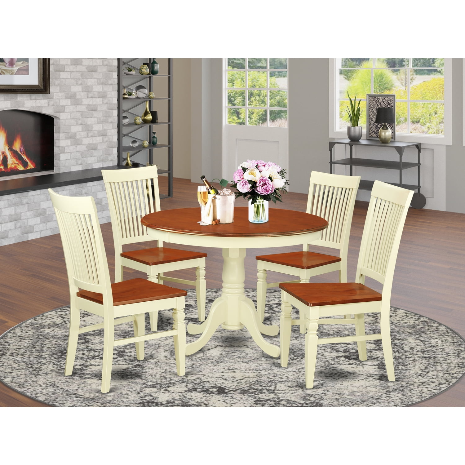 East West Furniture HLWE5-BMK-W 5 Pc Kitchen table set with a Dining Table and 4 Wood Dining Chairs in Buttermilk and Cherry-Finish:Buttermilk & ...