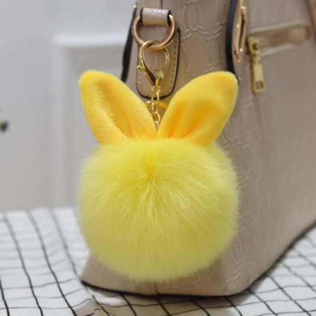 Dijes para bolsa de bolas de piel con orejas de conejo de 12 Cm con pompón de llavero dorado, llavero de bola de piel esponjosa para llavero de coche, regalo con dije