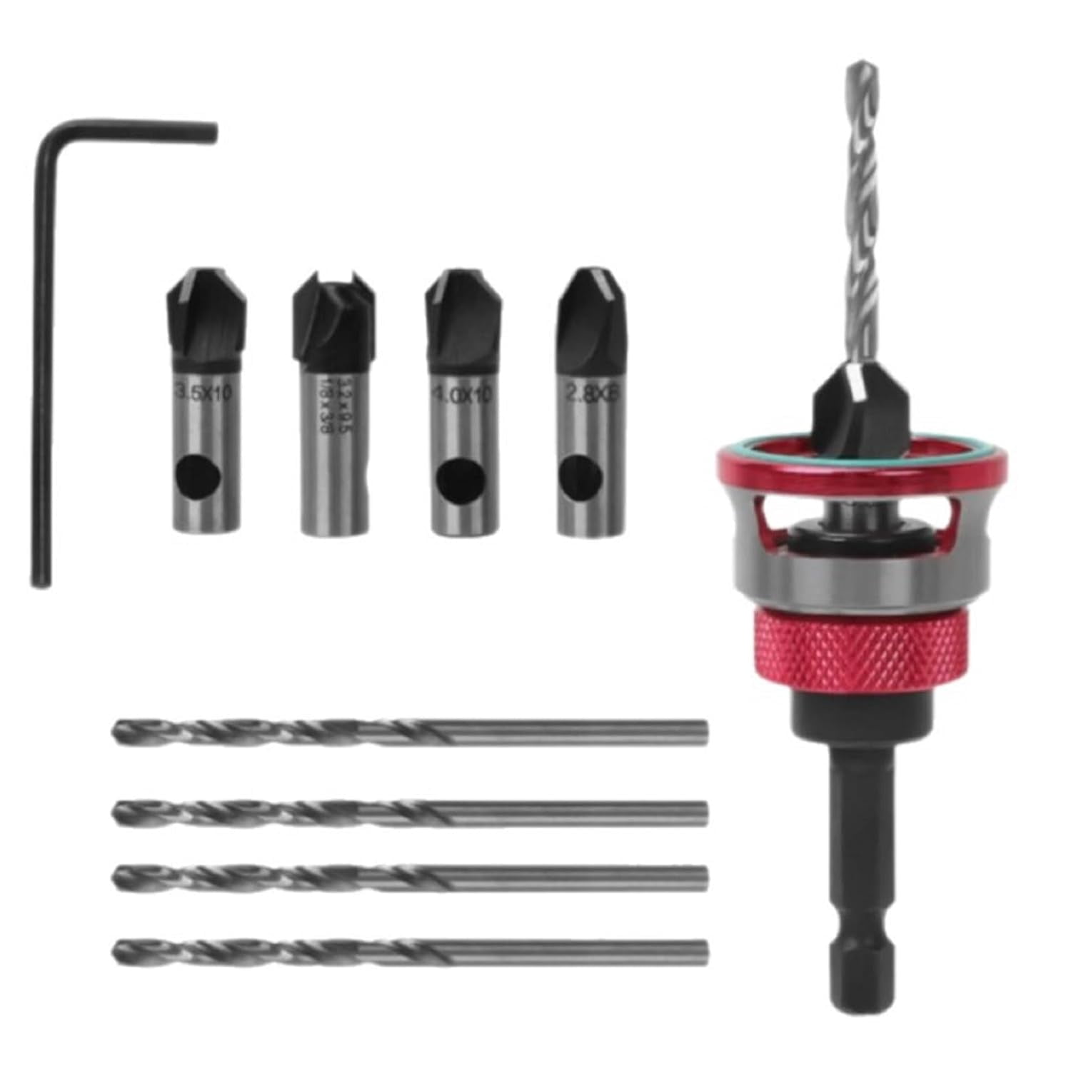 Countersink Drill Bits Set, 4PCS Four-Flute HSS M2 Tapered Drill Bits and Adjustable Depth Stop Collar, Wood Countersink Bit with Wrench for Wood, Plastic, Woodworking (Red)