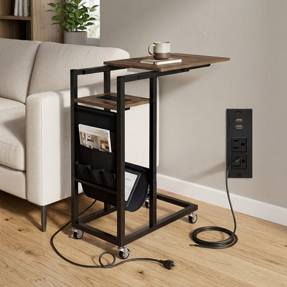 Furnibear C Shaped End Table with Charging Station and Retractable Tabletop for Sofa Couch Bedside and Small Living Room Narrow Spaces, Brown