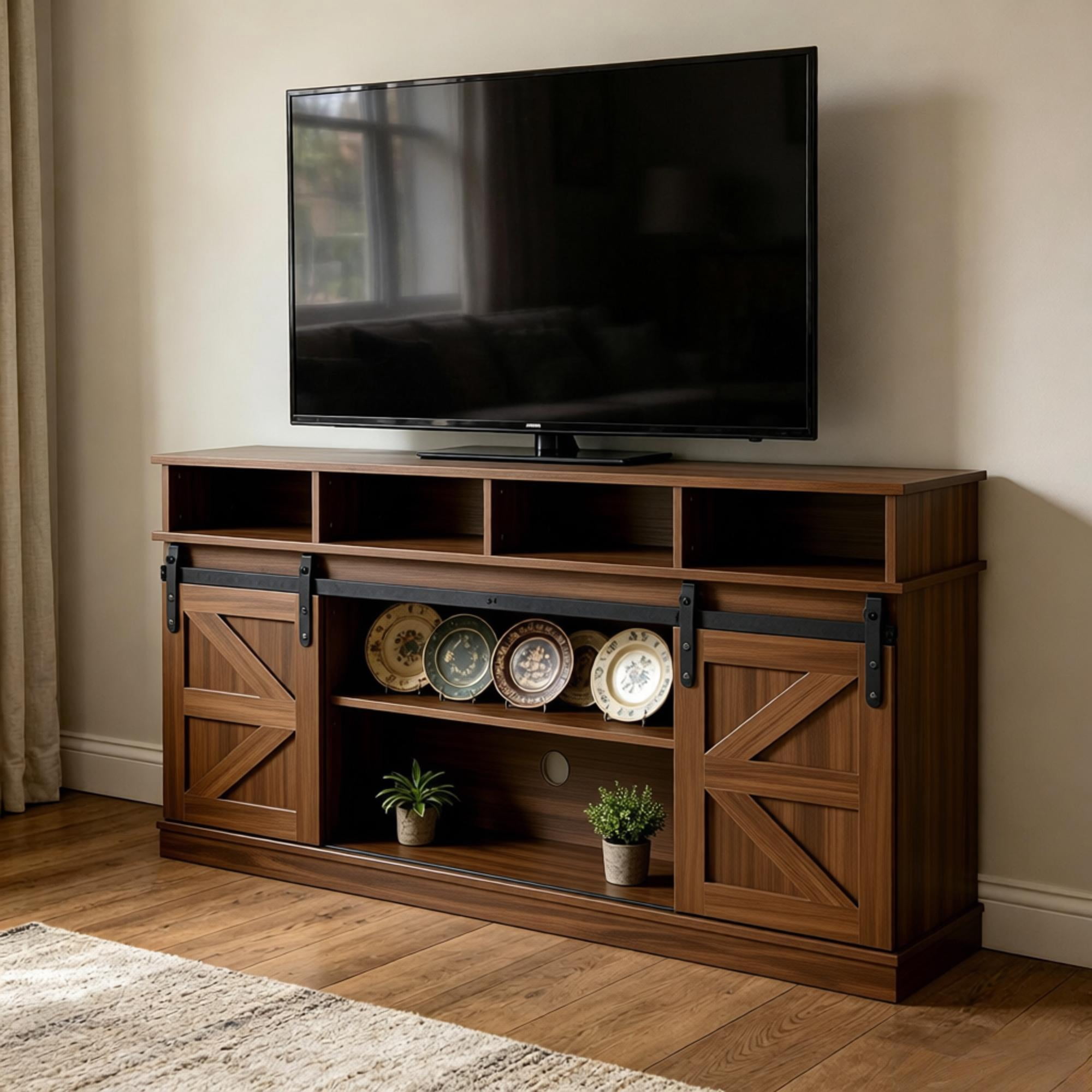 Howcool Farmhouse Sliding Barn Door TV Stand, Wood Entertainment Center Storage Cabinet with Adjustable Shelves, Media Console Table for Living Room, Fits Up to 65" TVs