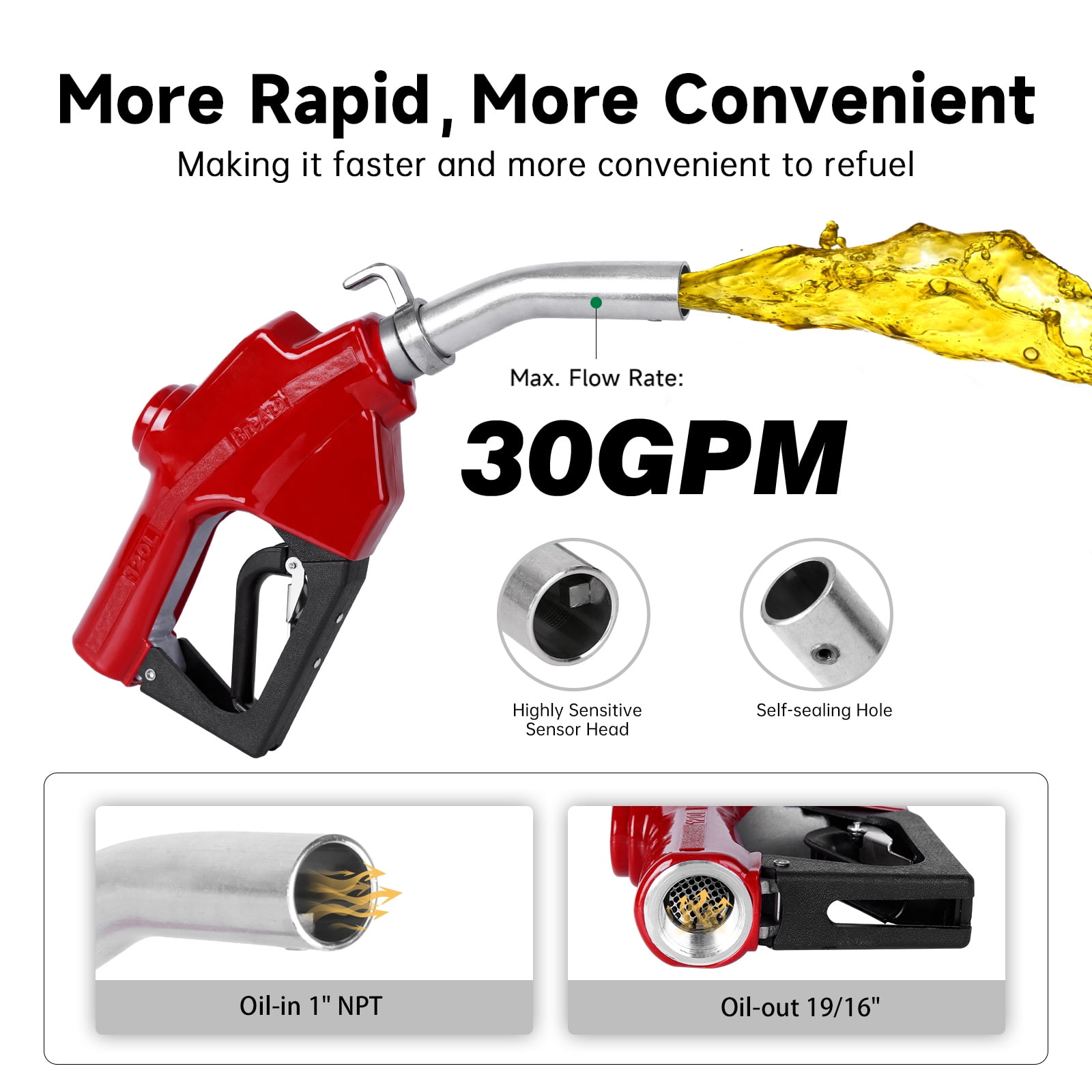 1" Inch NPT Automatic Fuel Nozzle Auto Shut-Off Red Fueling Nozzle with Swivel Joint 19/16 Inches (OD=30mm) Gas Pump Nozzle Three Notch Hold Open Clip Used For Diesel, Petrol , Red