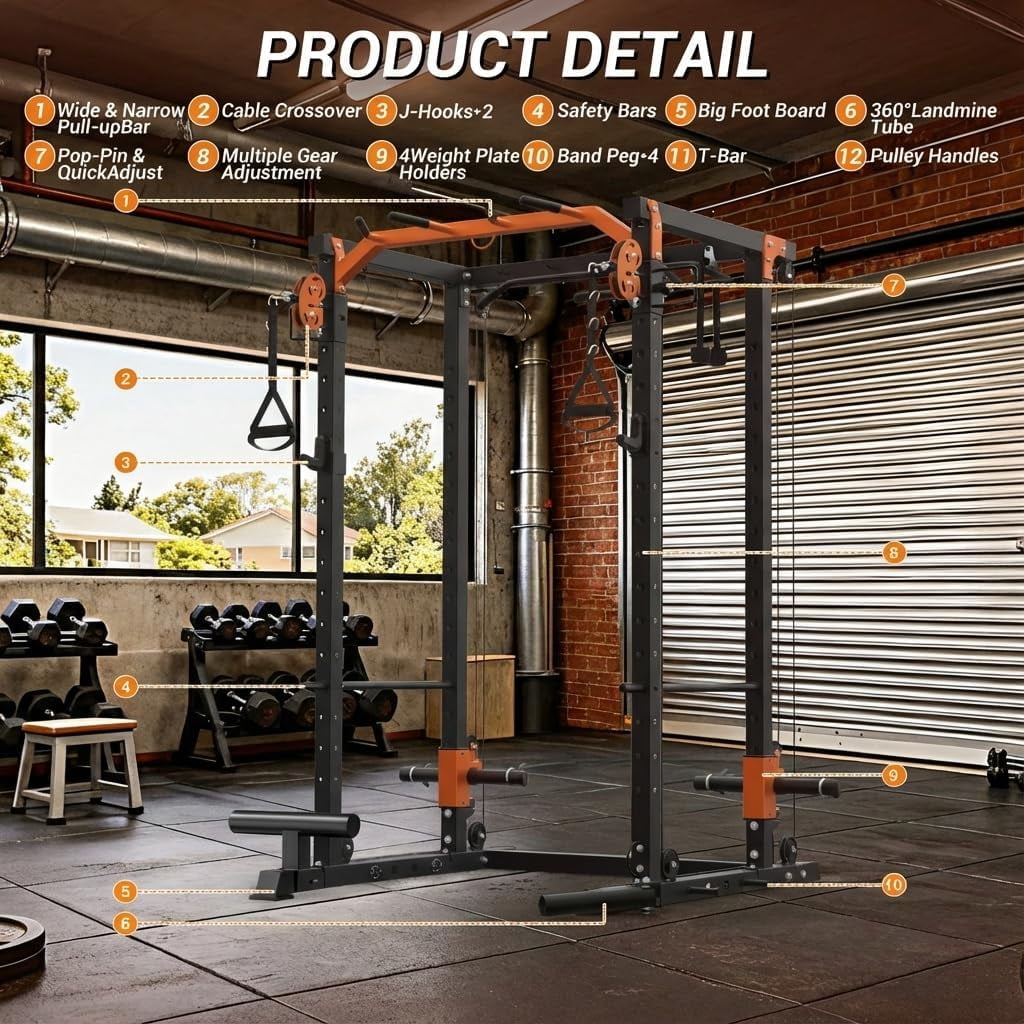 JoanKaren Power Rack Cage,2000lbs Capacity Weight Rack with Adjustable Cable Crossover Machine,Multi-Function Squat Rack with J Hooks,Dip Bars and Landmine,Balck&Orange