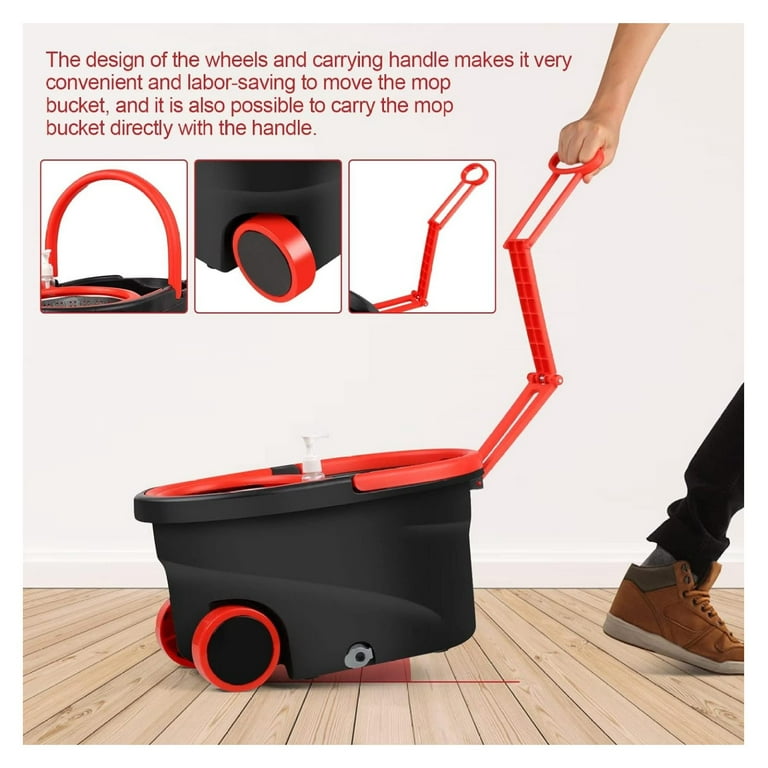 Spin Mop Bucket with Wringer Set, Extended Stainless Steel Handle, 3 Microfiber Replacement Mop Head Refills, 2 Wheels for Floor Cleaning, Black/Red - Walmart.com
