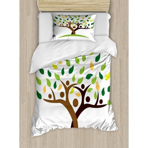 Family Duvet Cover Set Twin Size, Family Tree with Green Leaves and Abstract Human Eco Concept, Decorative 2 Piece Bedding Set with 1 Pillow Sham, Green Yellow Brown, by Ambesonne