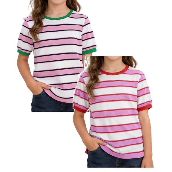 SGMVNU 2 Pack Summer Shirts for Girls Short Sleeve Crewneck Color Block Striped Tops Casual Loose Kids Clothes, Size 8-9 Years, Pink & Green