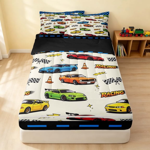 Erosebridal Cartoon Race Car Zipper Twin Comforter Sets with Fitted Sheet and 2 Pillowcases, Colorful Zipper Bedding Set, Cream White, Black Reversible