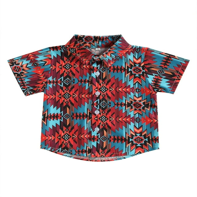 T-Shirt d'Été Bébé Garçons Chemises de Gentleman à Manches Courtes Imprimé Géométrique Décontracté Rouge 3-4 Ans