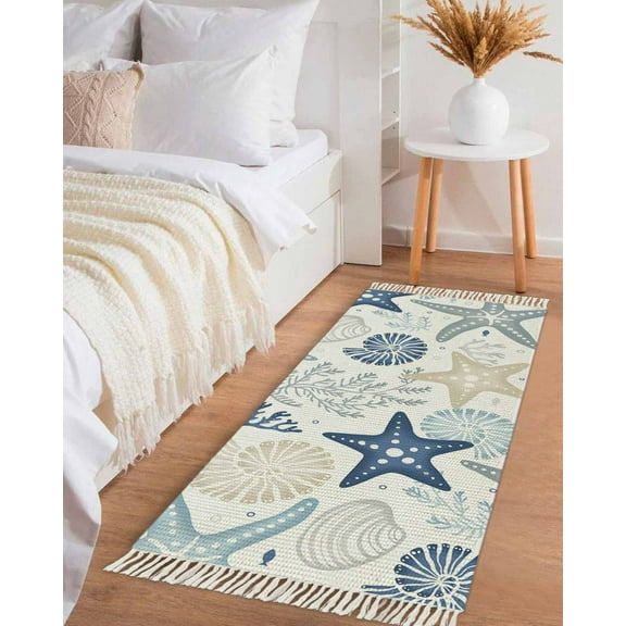 Blue Starfish Coastal Hallway Runner Rug 2x5ft,Summer Beach Nautical Coral Sea Washable Woven Living Room Bedroom Kitchen Bathroom Carpet with Tassels,Indoor Outdoor Throw Door Mat for Entryway