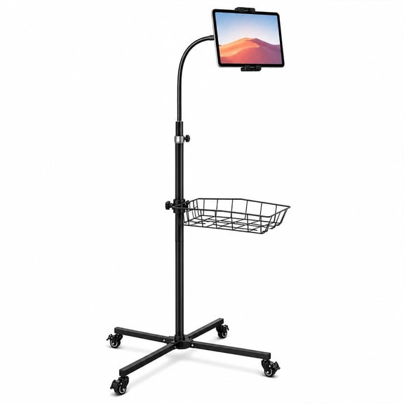 Rolling Tablet Floor Stand with Industrial Wheels & Storage Basket, Adjustable Height Gooseneck Tablet Stand Floor Holder for iPad Pro 12.9, Air, Mini, Cell Phones (Large)