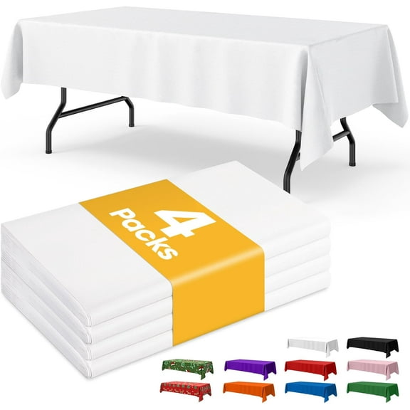 White Plastic Table Cloth - 4 Pack 54" × 108" Rectangle Disposable Tablecloths for 6FT Tables, Waterproof Cover Party, Holiday & Gathering Use